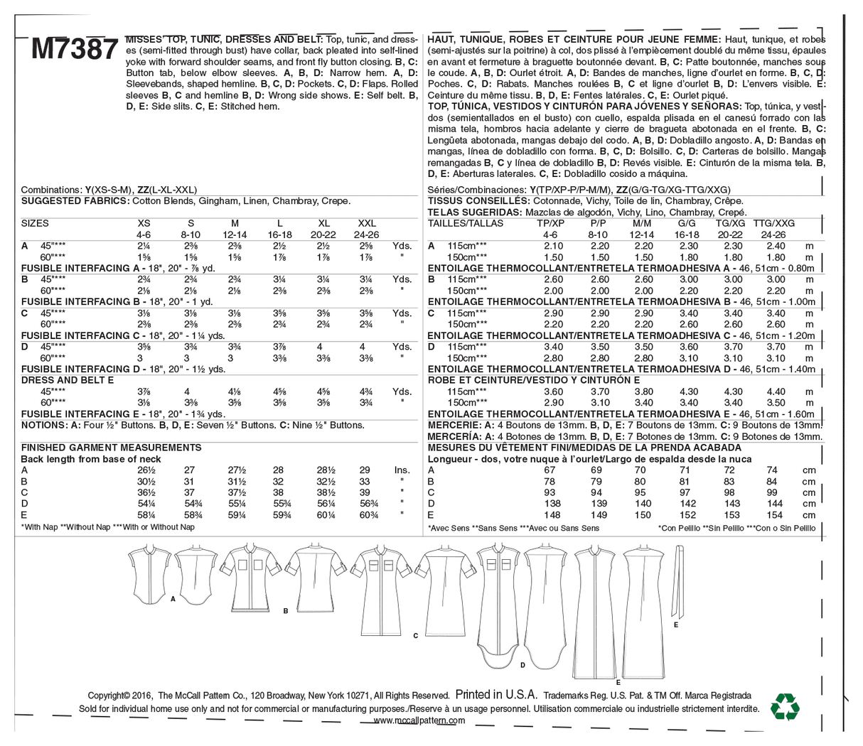 Patron McCall's n°7387 – Hauts, tuniques, robes et ceinture pour femme