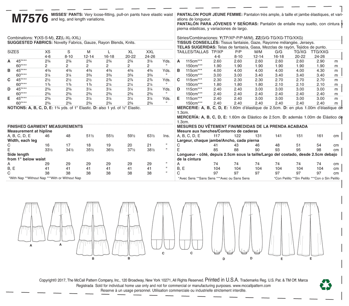 Patron McCall's n°7576 - Pantalon ample à taille élastique