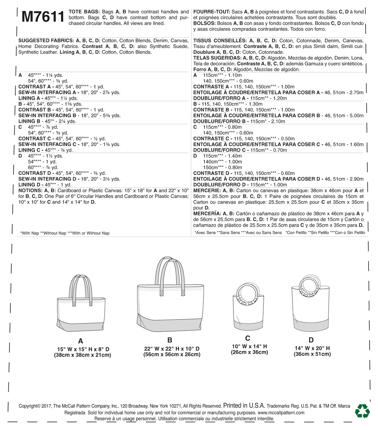 Patron McCall's n°7611 - Sacs fourre-tout doublés avec options de contraste