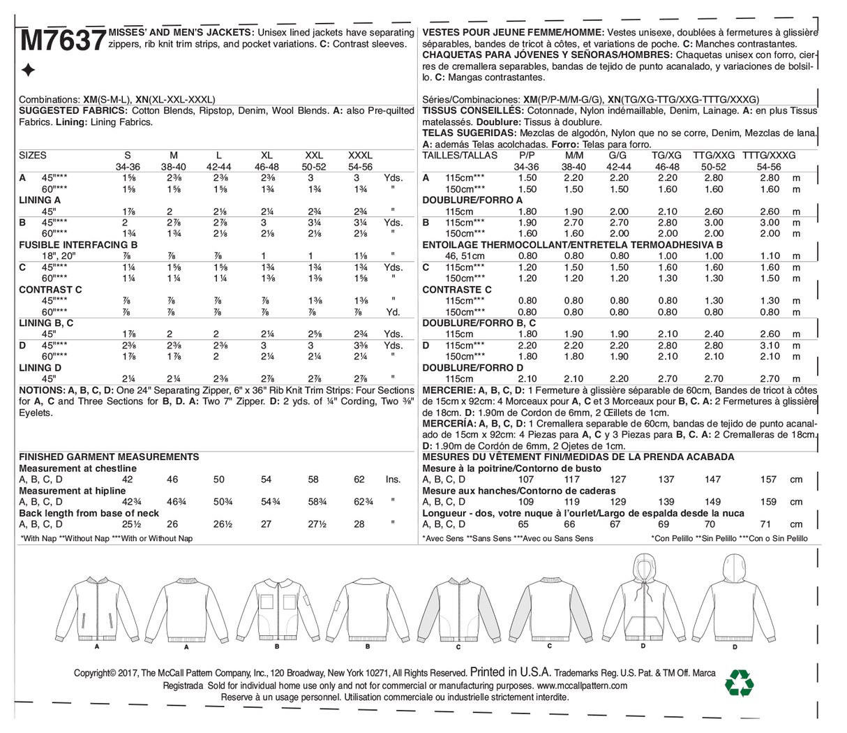 Patron McCall's n°7637 - Veste bomber unisexe