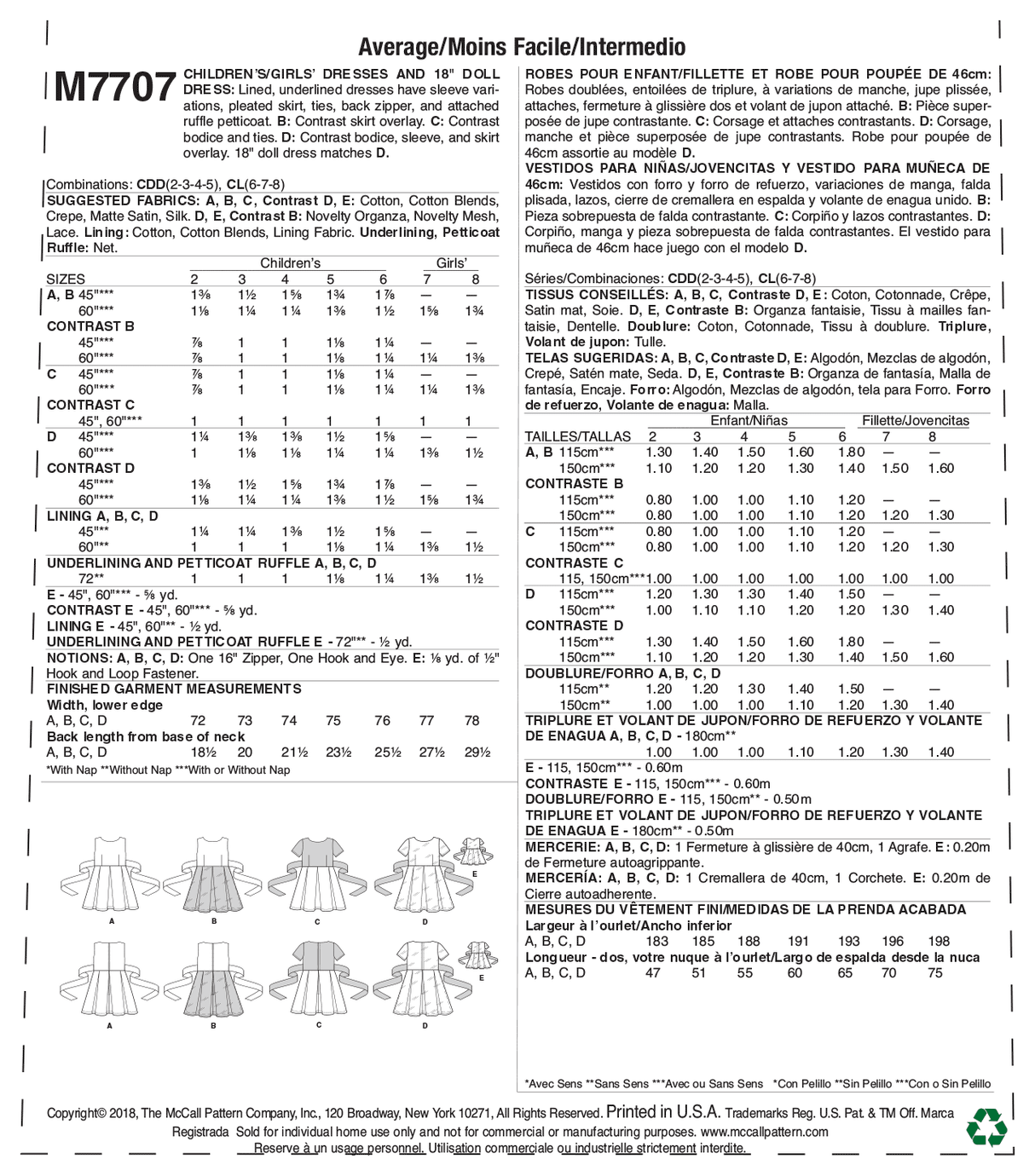 Patron McCall's n°7707 - Robes assorties pour fillettes et poupées