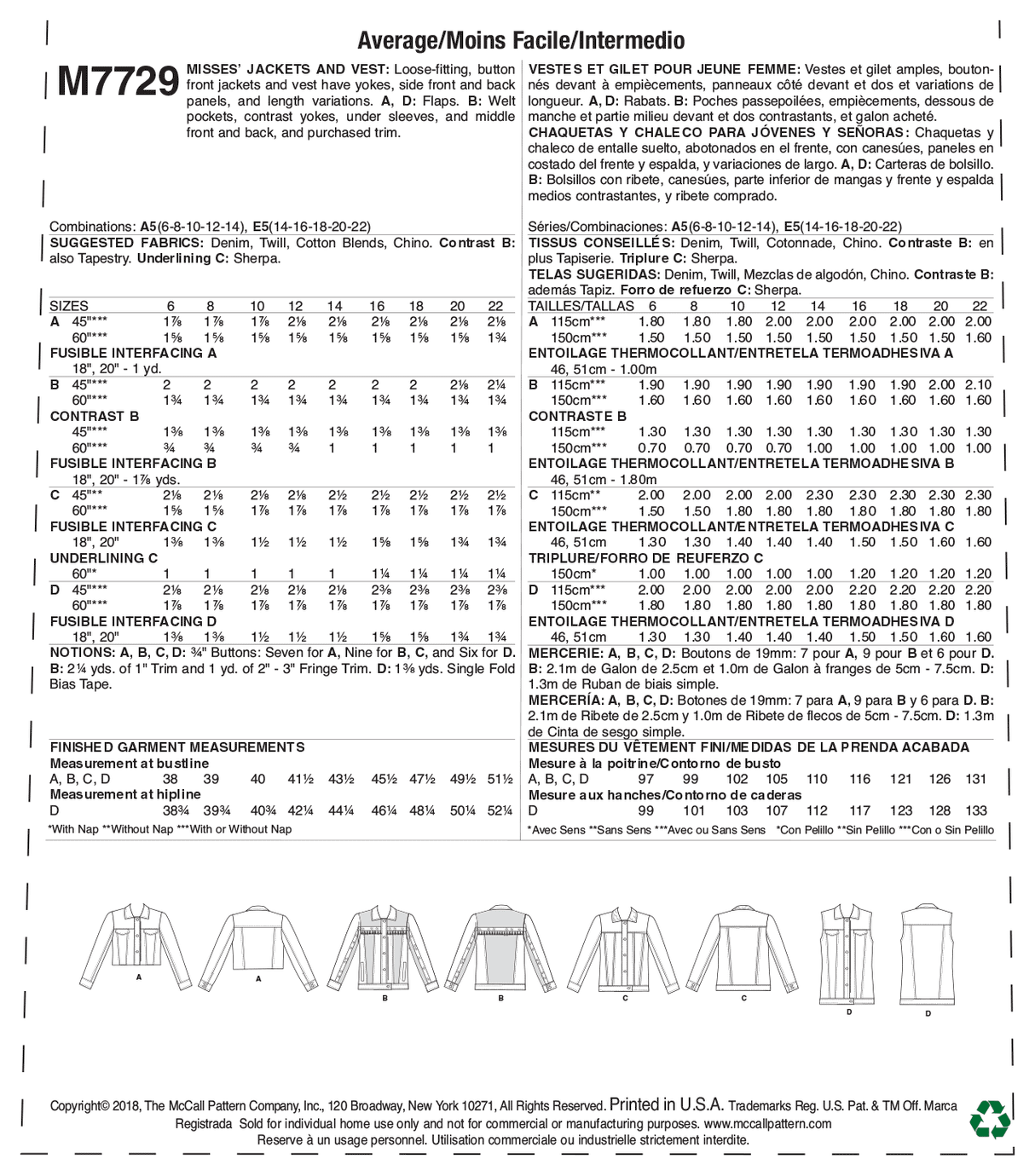 Patron McCall's n°7729 - Vestes et gilet pour femmes