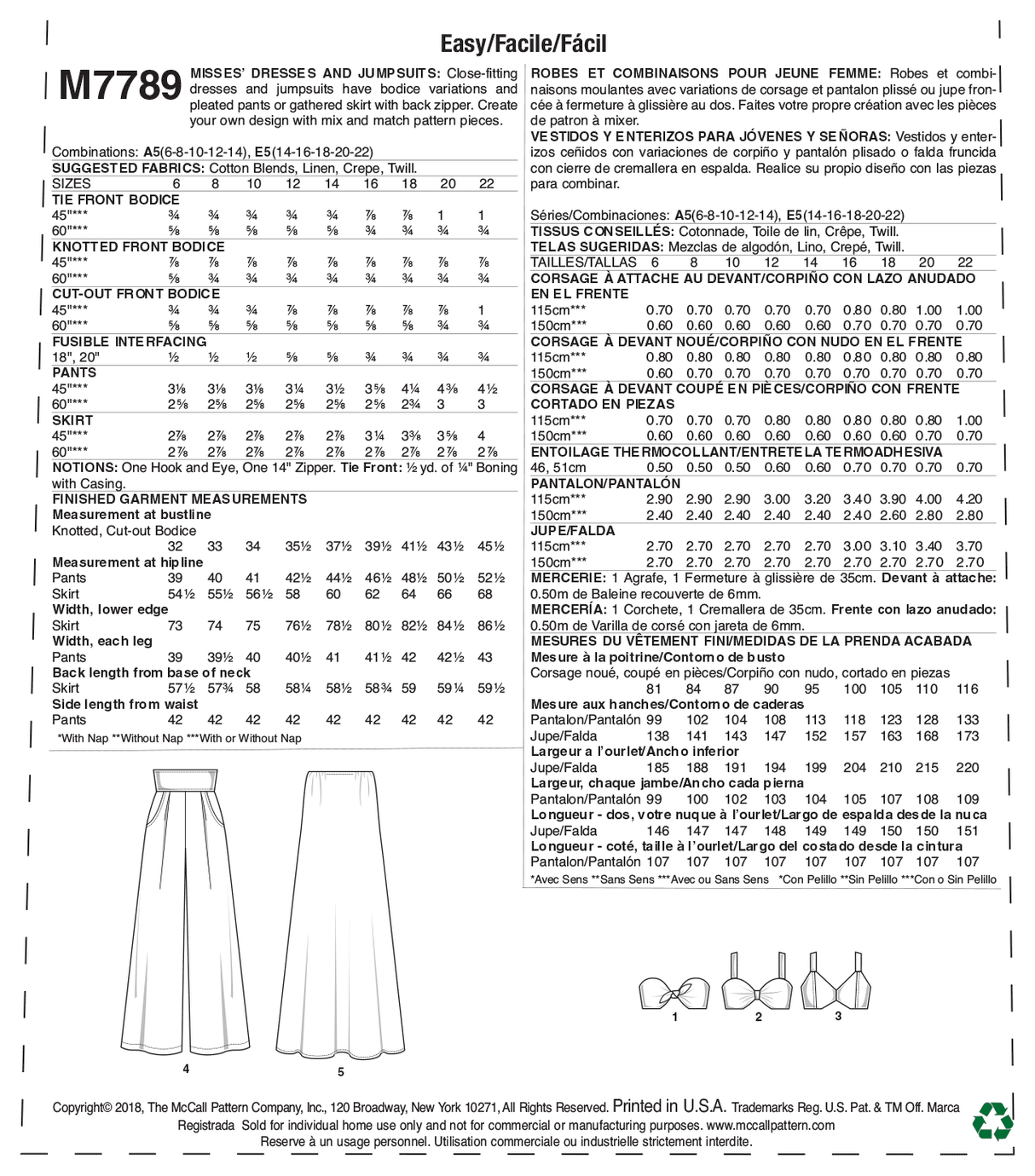 Patron McCall's n°7789 - Robes et combinaisons pour femmes