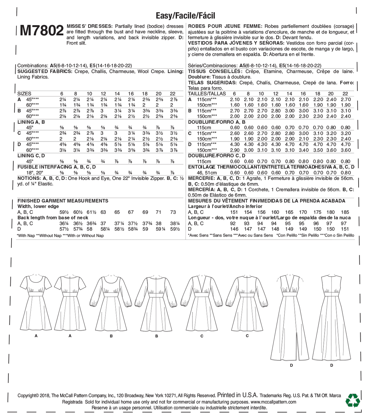 Patron McCall's n°7802 - Robes ajustées pour femmes