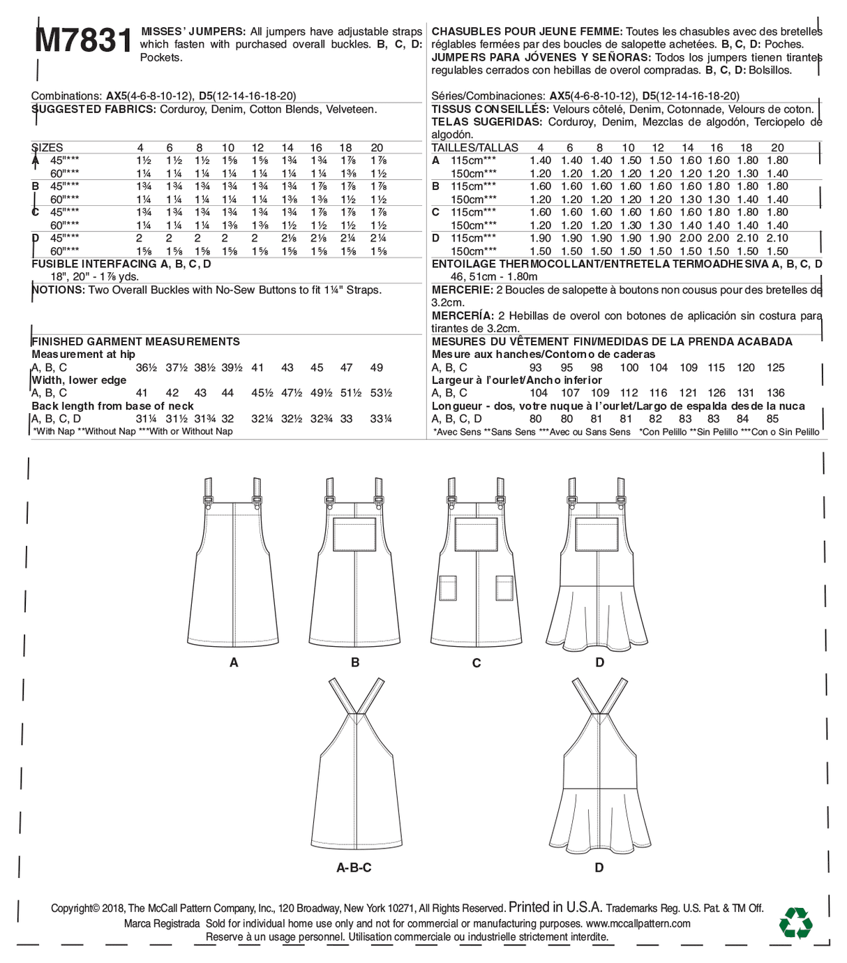 Patron McCall's n°7831 - Robe chasuble pour femme