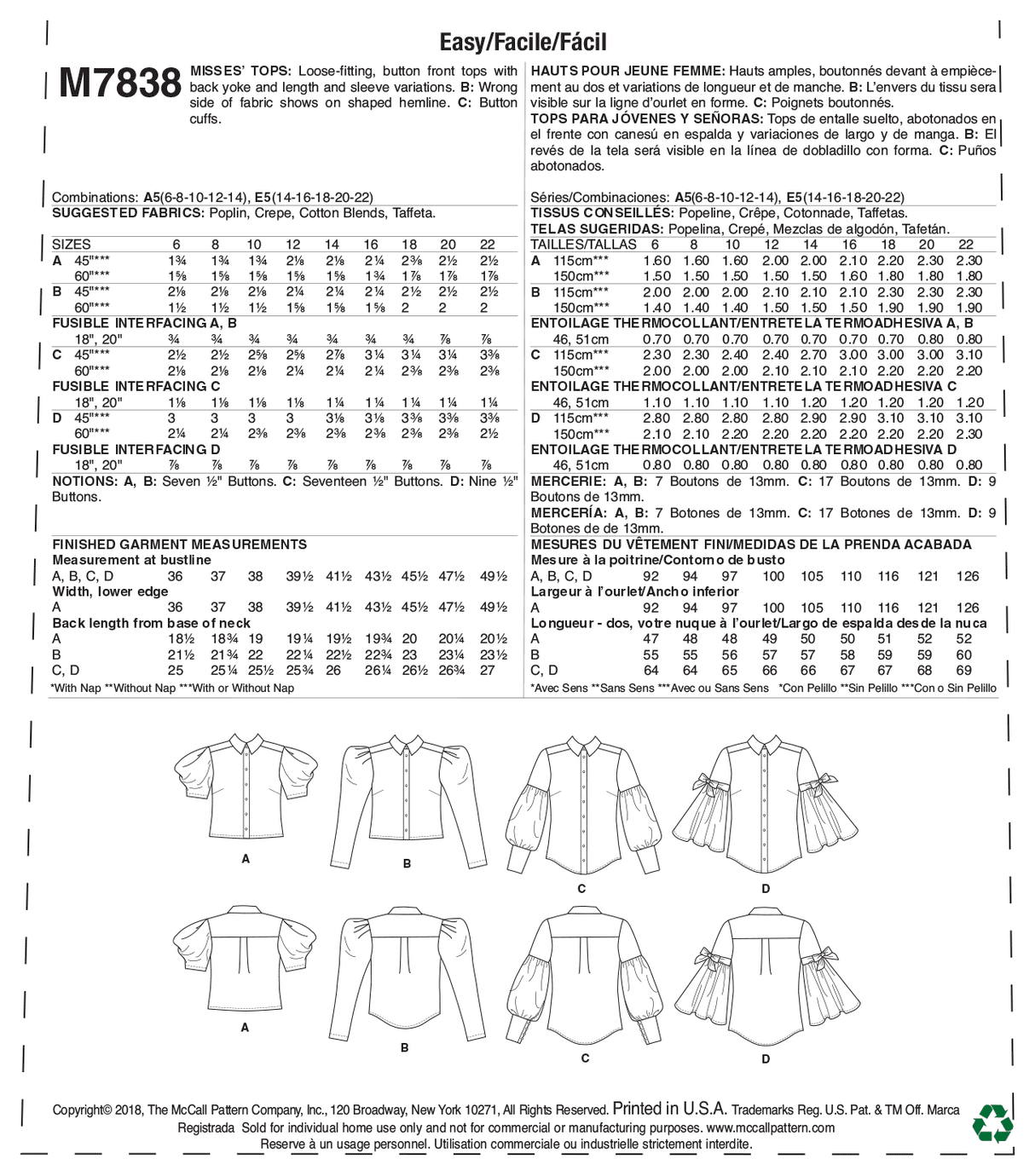 Patron McCall's n°7838 - Hauts amples pour femme