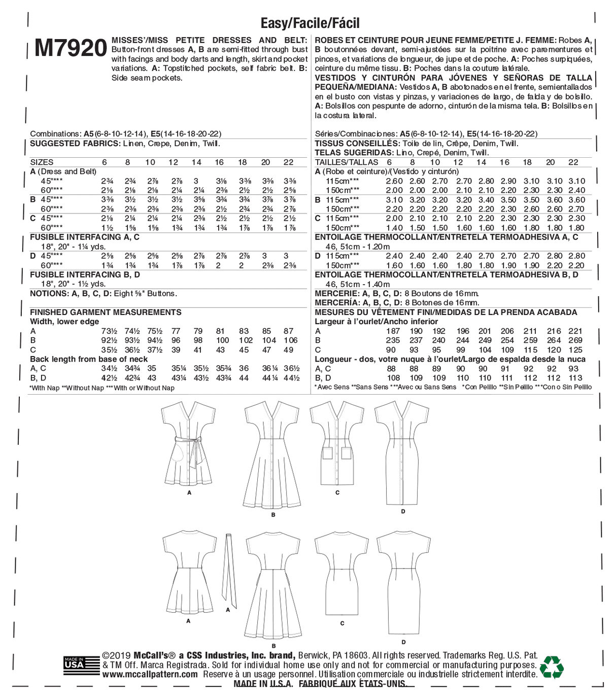 Patron McCall's n°7920 - Robes boutonnées élégantes