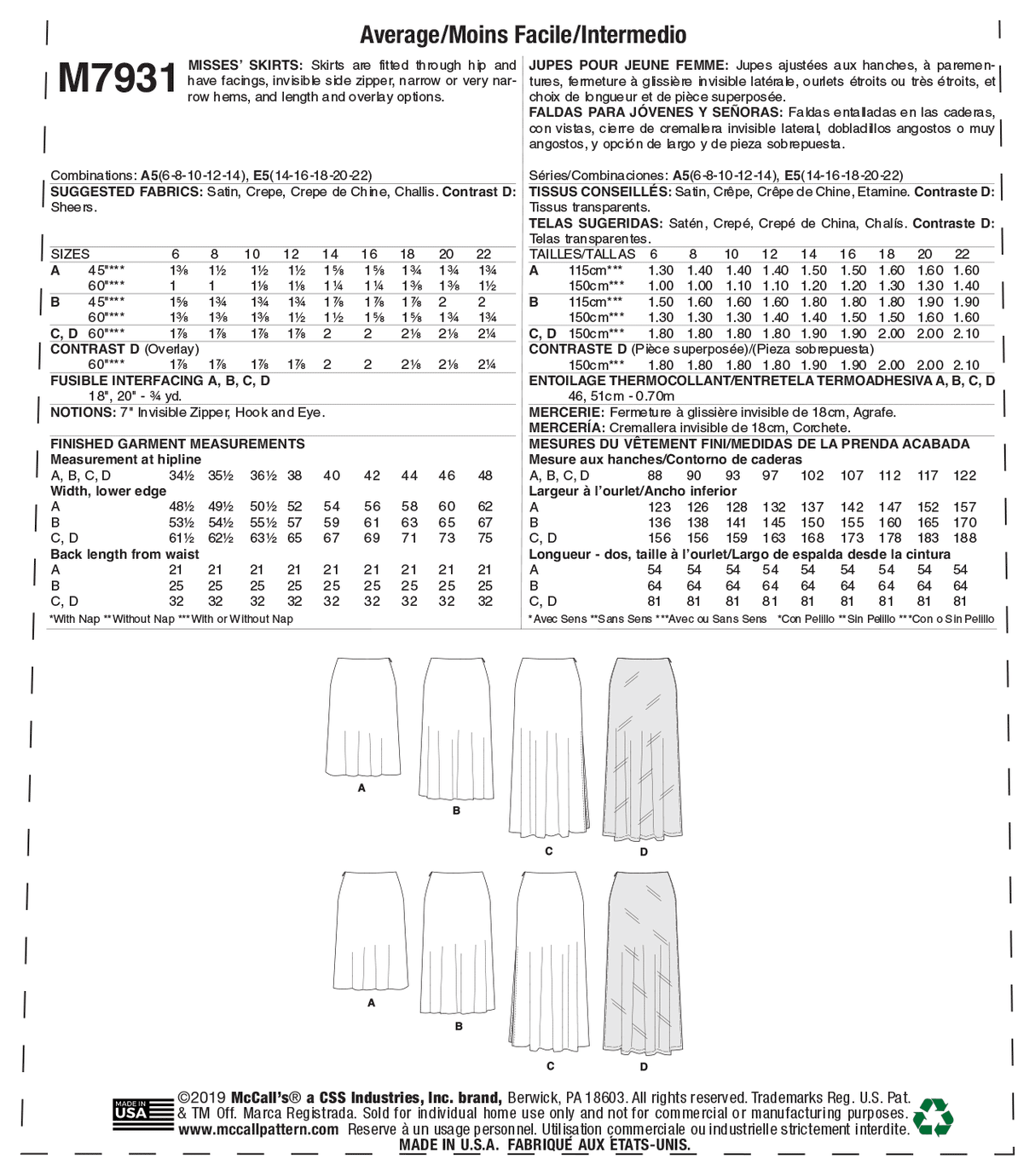 Patron McCall's n°7931 - Jupes ajustées et sophistiquées