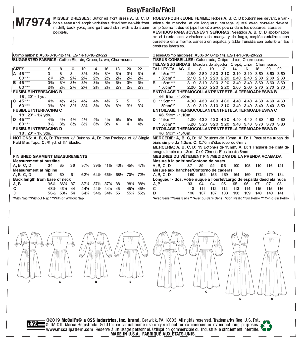 Patron McCall's n°7974 - Robe boutonnée avec variations de manches