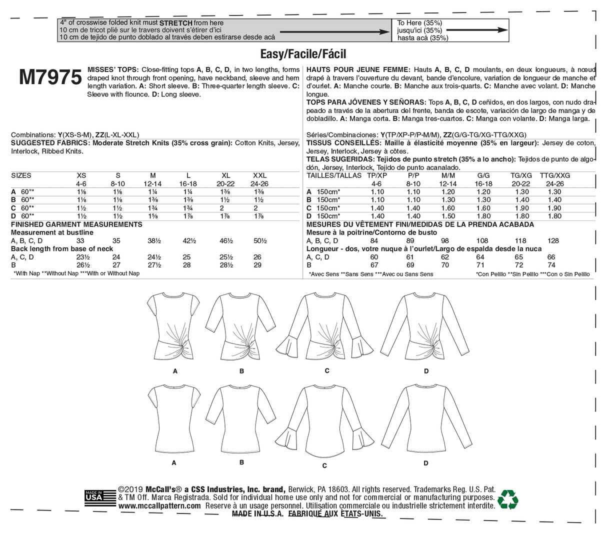 Patron McCall's n°7975 - Hauts ajustés avec nœud drapé