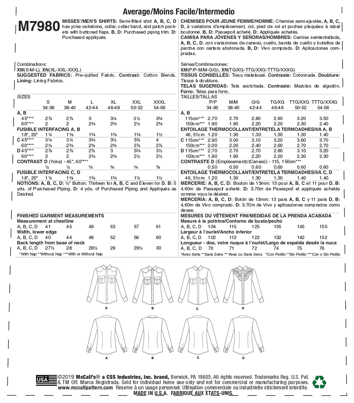 Patron McCall's n°7980 - Chemises semi-ajustées pour homme et femme