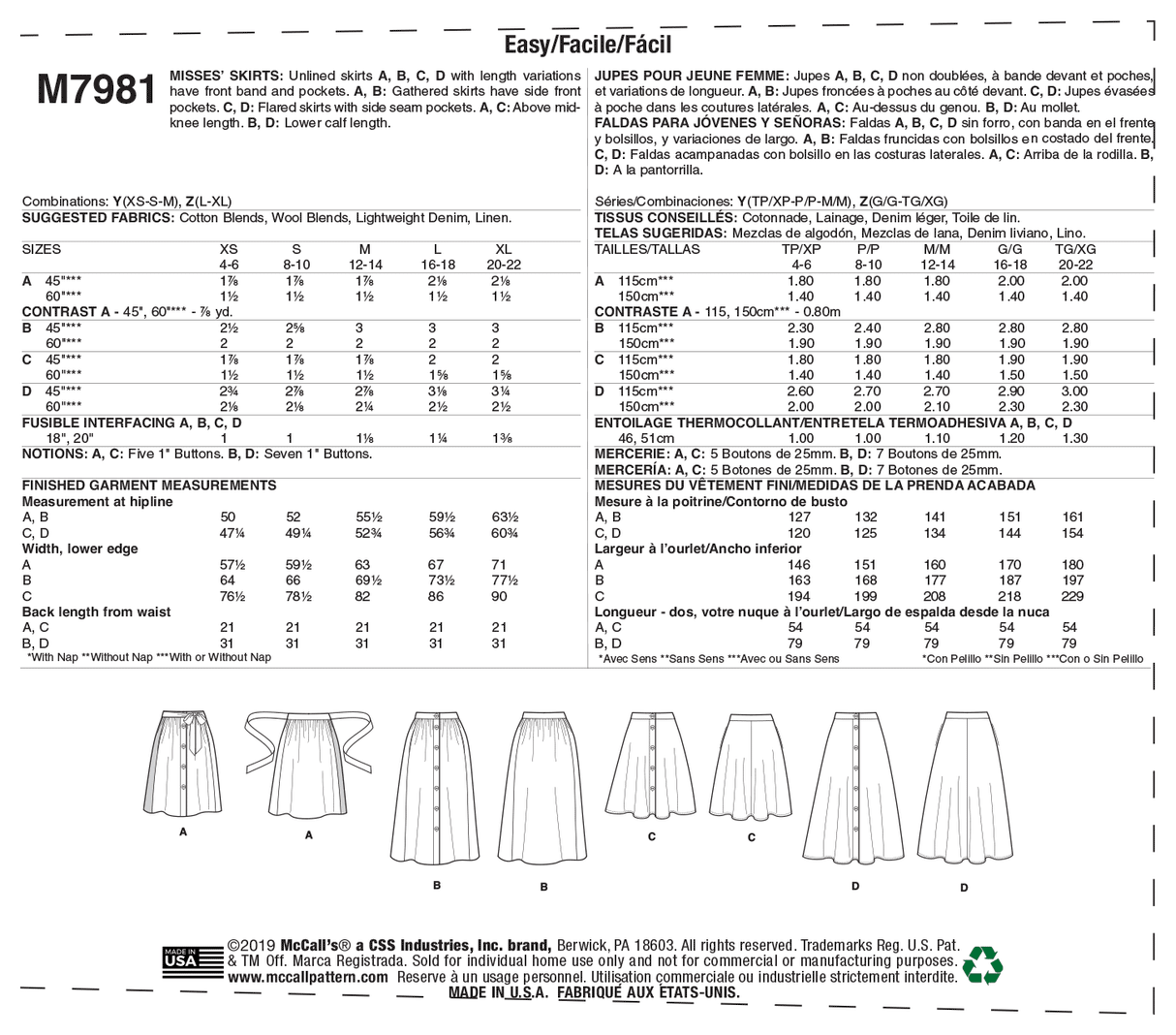 Patron McCall's n°7981 - Jupes évasées avec variations de longueur