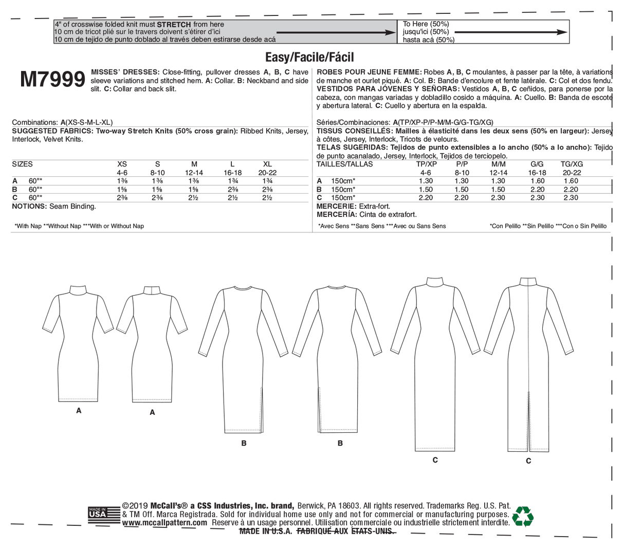 Patron McCall's n°7999 - Robe moulante à manches variées