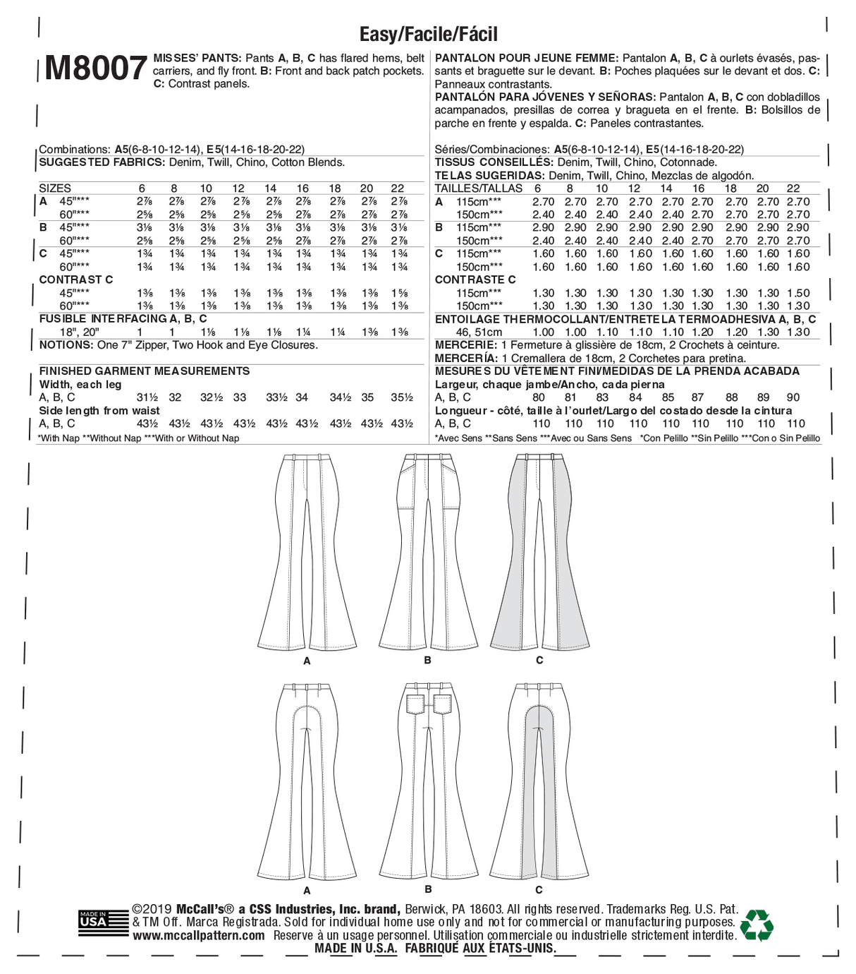 Patron McCall's n°8007 - Pantalon évasé avec variations de style