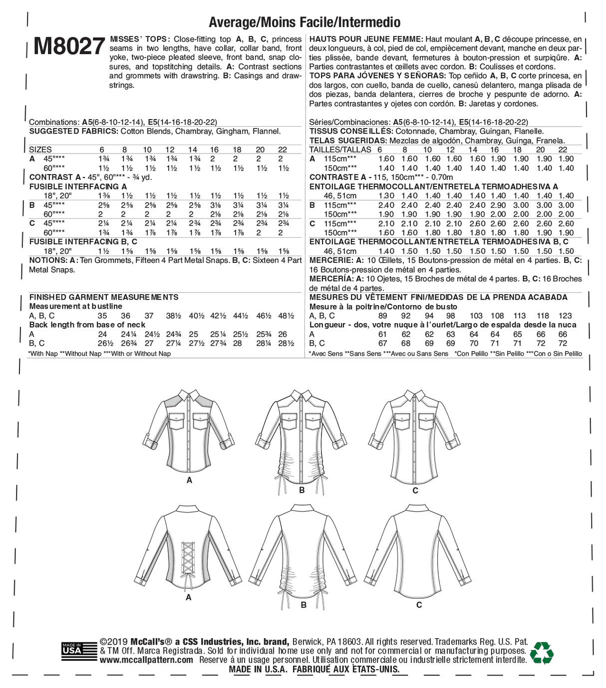 Patron McCall's n°8027 - Chemisier ajusté avec détails élégants