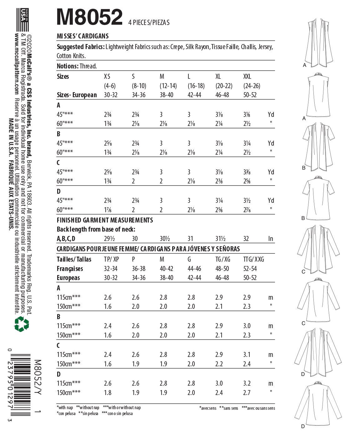 Patron McCall's n°8052 - Cardigan à col châle