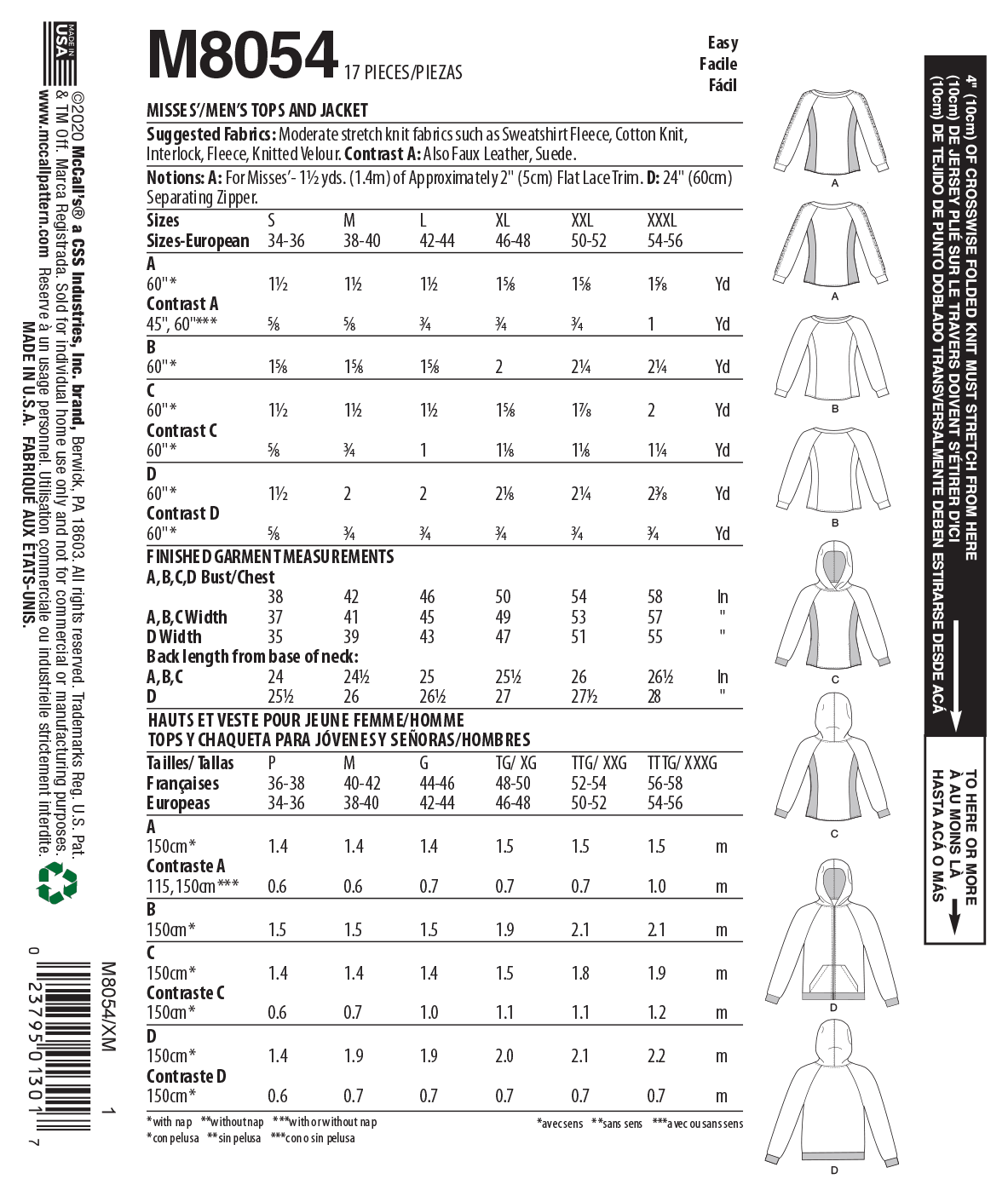 Patron McCall's n°8054 - Hauts et hoodies unisexes