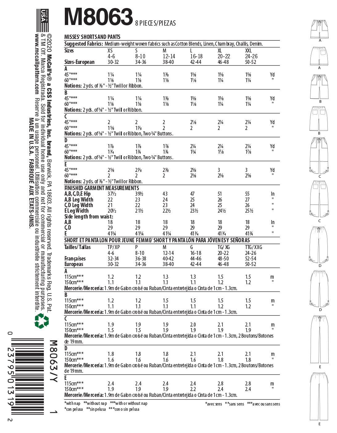 Patron McCall's n°8063 - Pantalon et short décontractés
