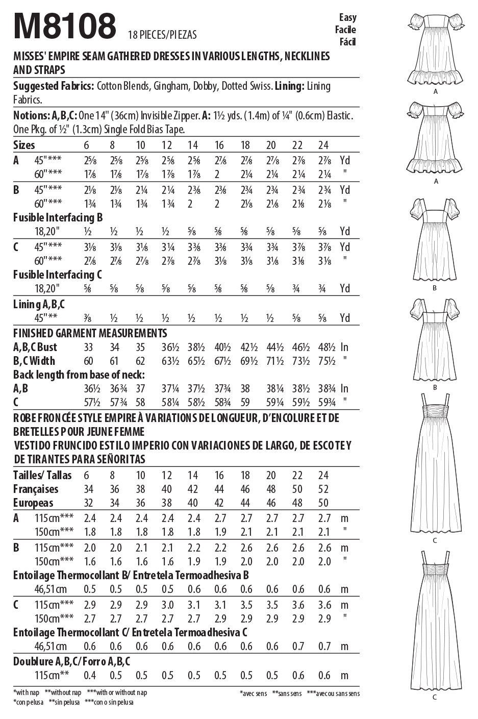 Patron McCall's n°8108 - Robe d'été froncée à coutures empire
