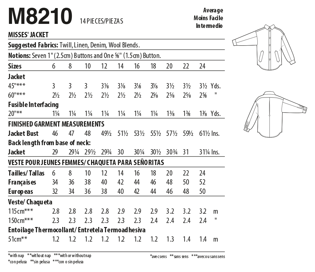 Patron McCall's n°8210 - Veste boutonnée pour femme