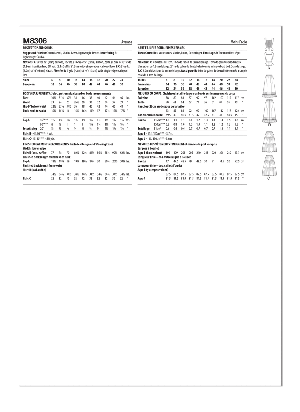 Patron McCall's n°8306 - Haut et jupes pour femmes