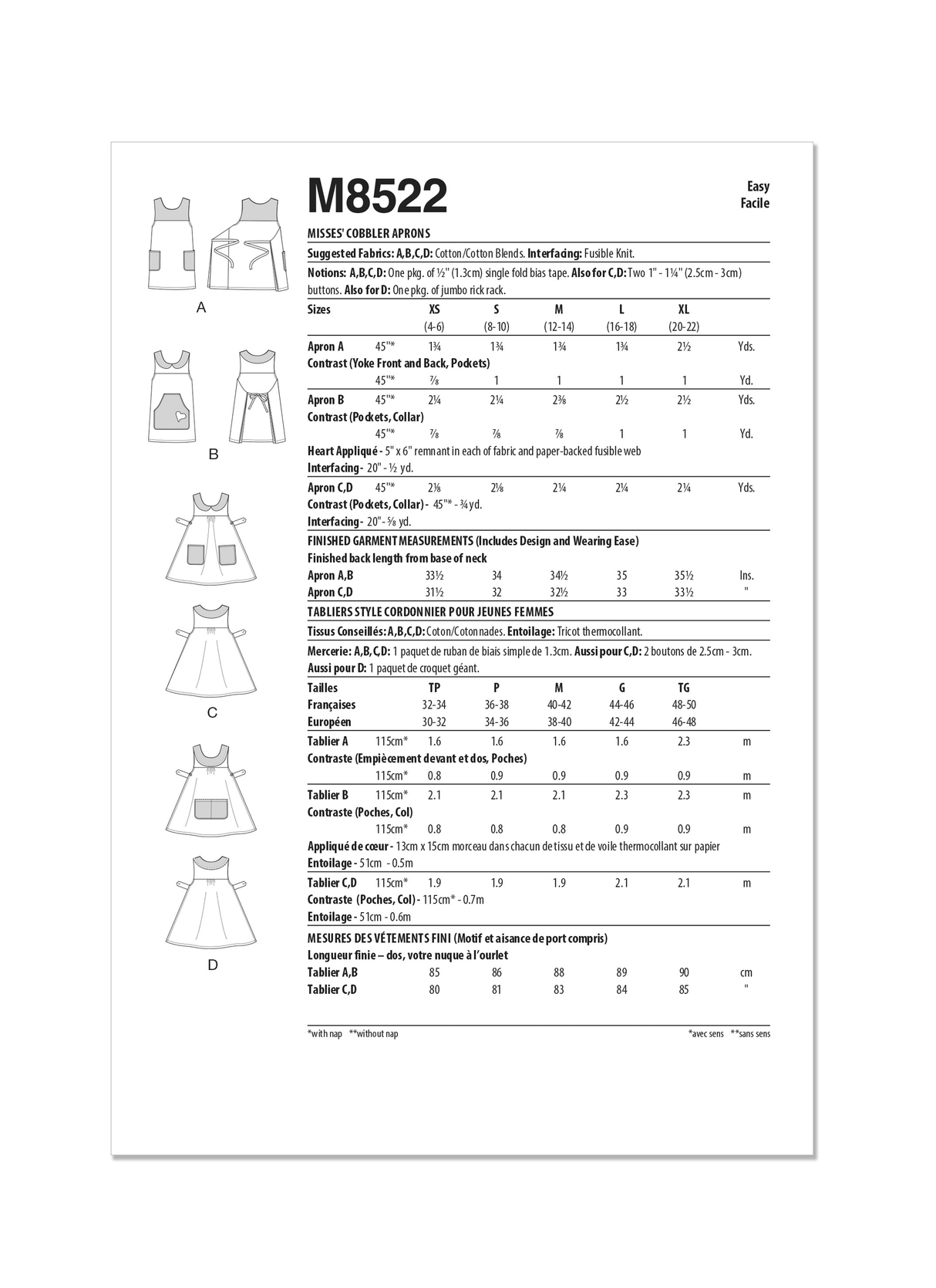 Patron McCall's n°8522 - Tablier style cordonnier pour femmes