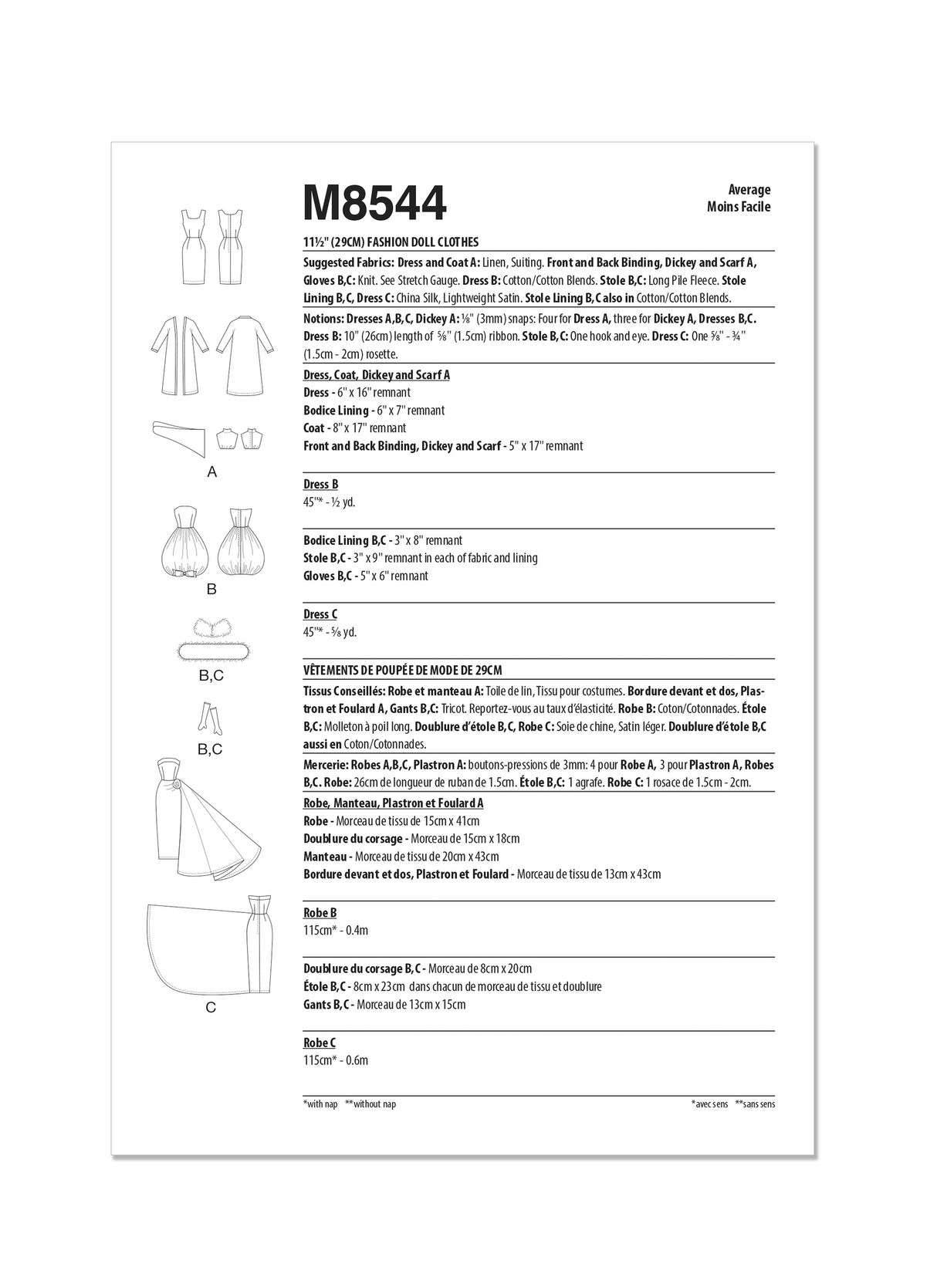 Patron McCall's n°8544 - Vêtements pour poupées de 29 cm