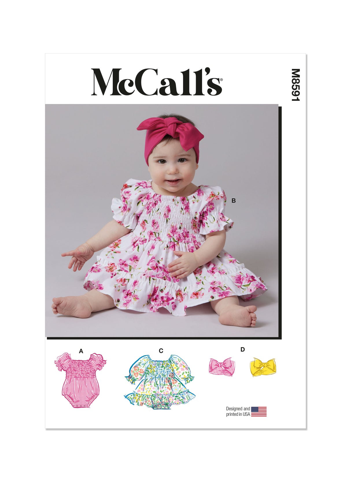 Patron McCall's n°8591 - Romper bébé, robe âgée ou bandeau assorti