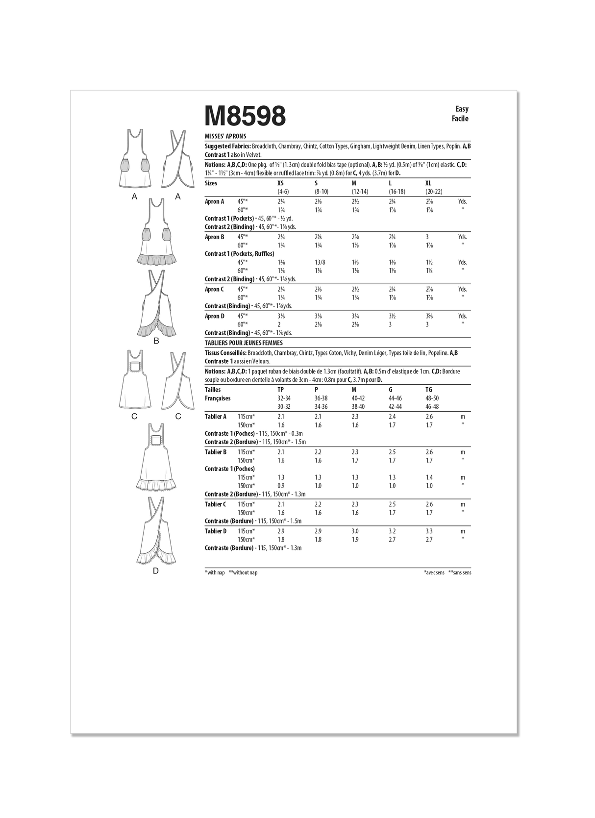 Patron McCall's n°8598 - Tabliers femme