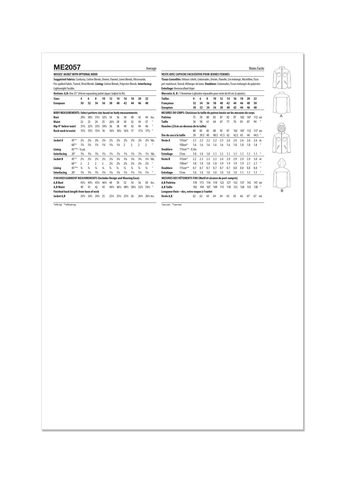 Patron Know Me n°2057 – Veste zippée avec capuche optionnelle pour femmes
