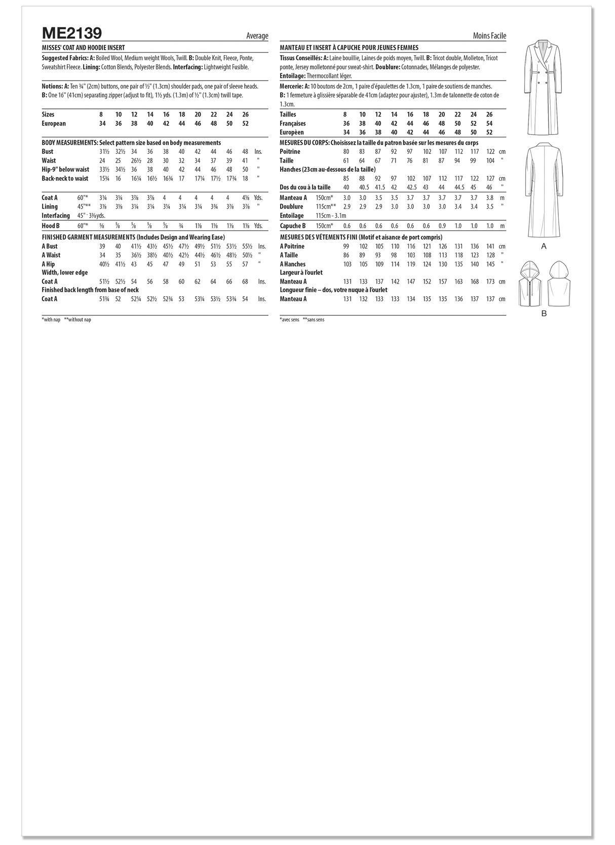 Patron Know Me n°2139 – Manteau long doublé & insert capuche