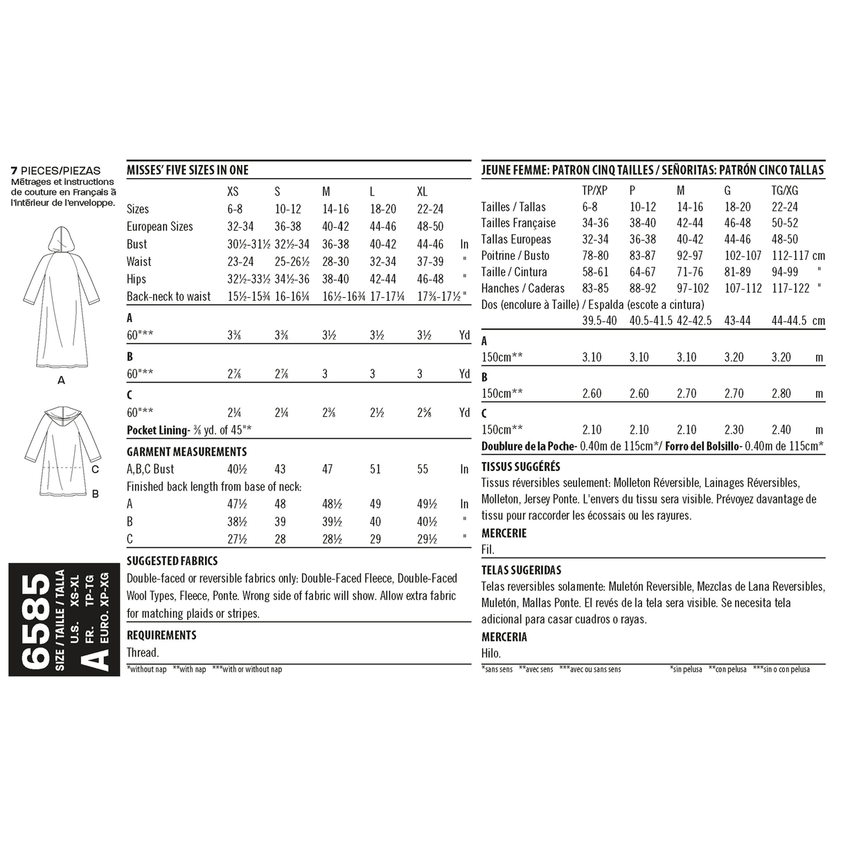 Patron New Look n°6585 – Manteau à capuche