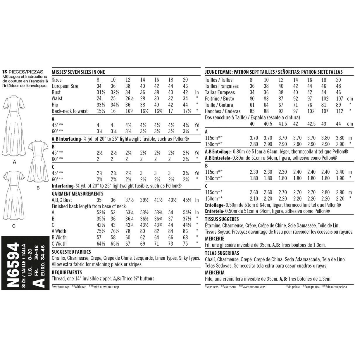 Patron New Look n°6594 - Robe moulante manches courtes