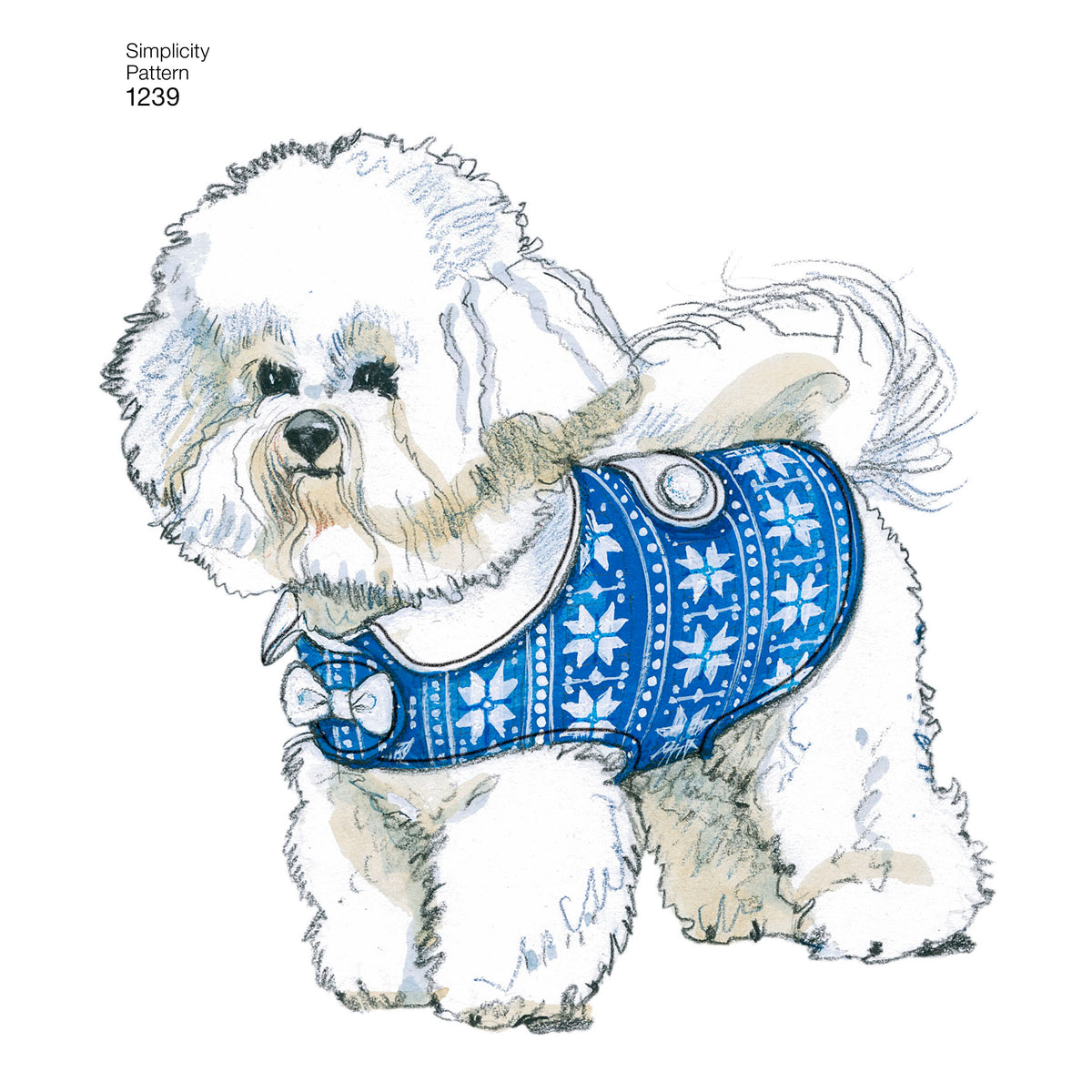 Chiot bichon en harnais bleu à motif blanc, dessin délicat et coloré.