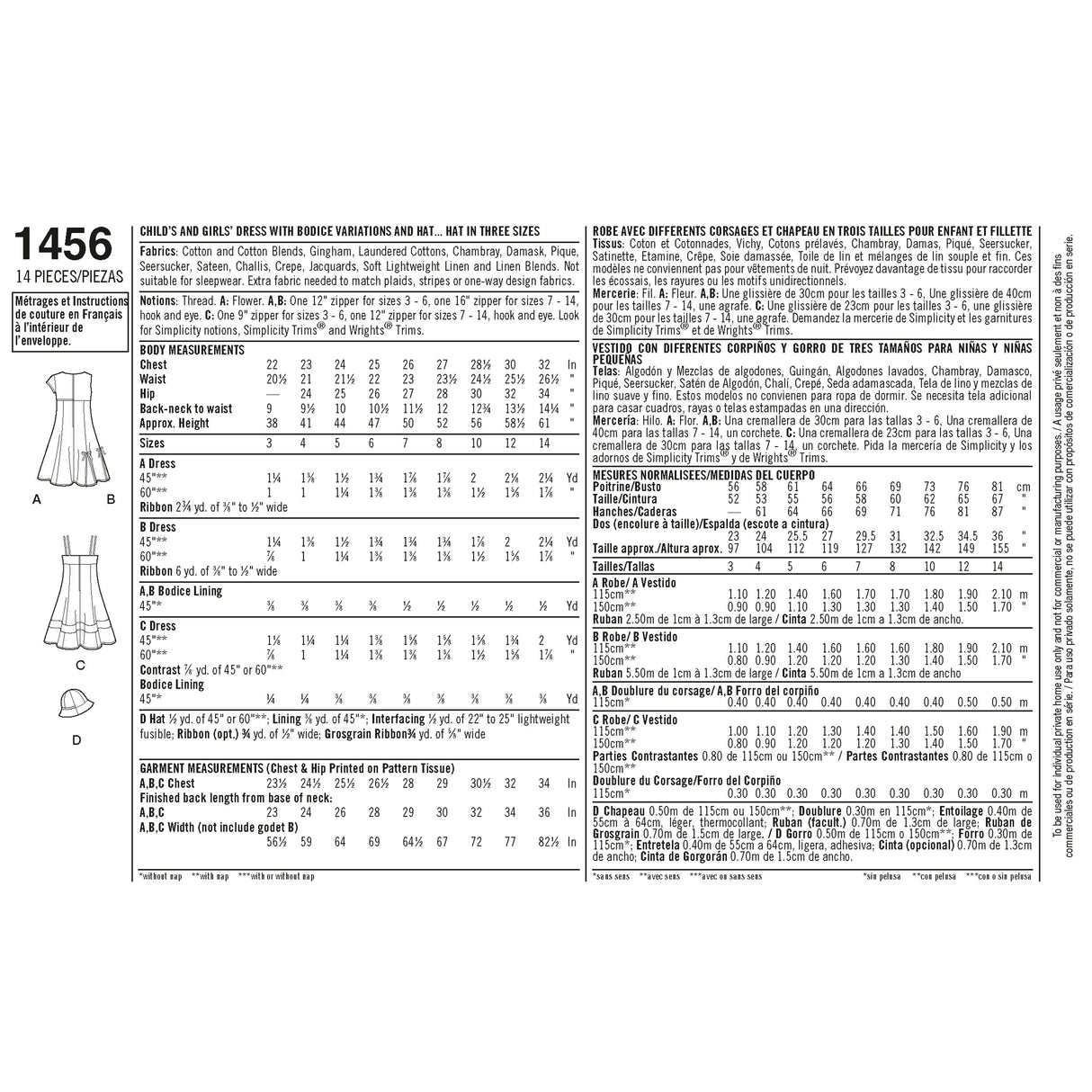 Patron Simplicity n°1456 – Robe et chapeau pour fillette