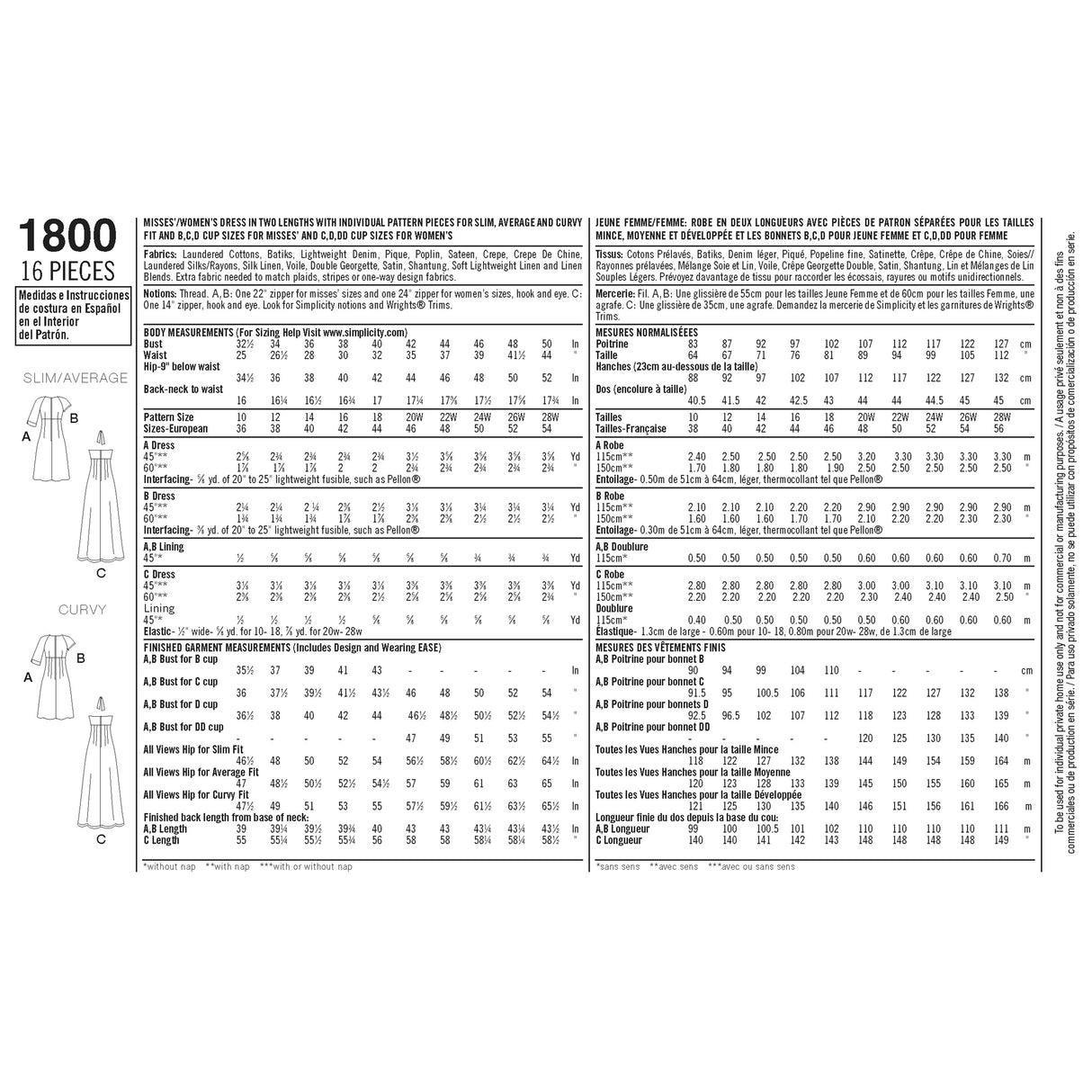 Patron Simplicity n°1800 – Robe ajustée femme