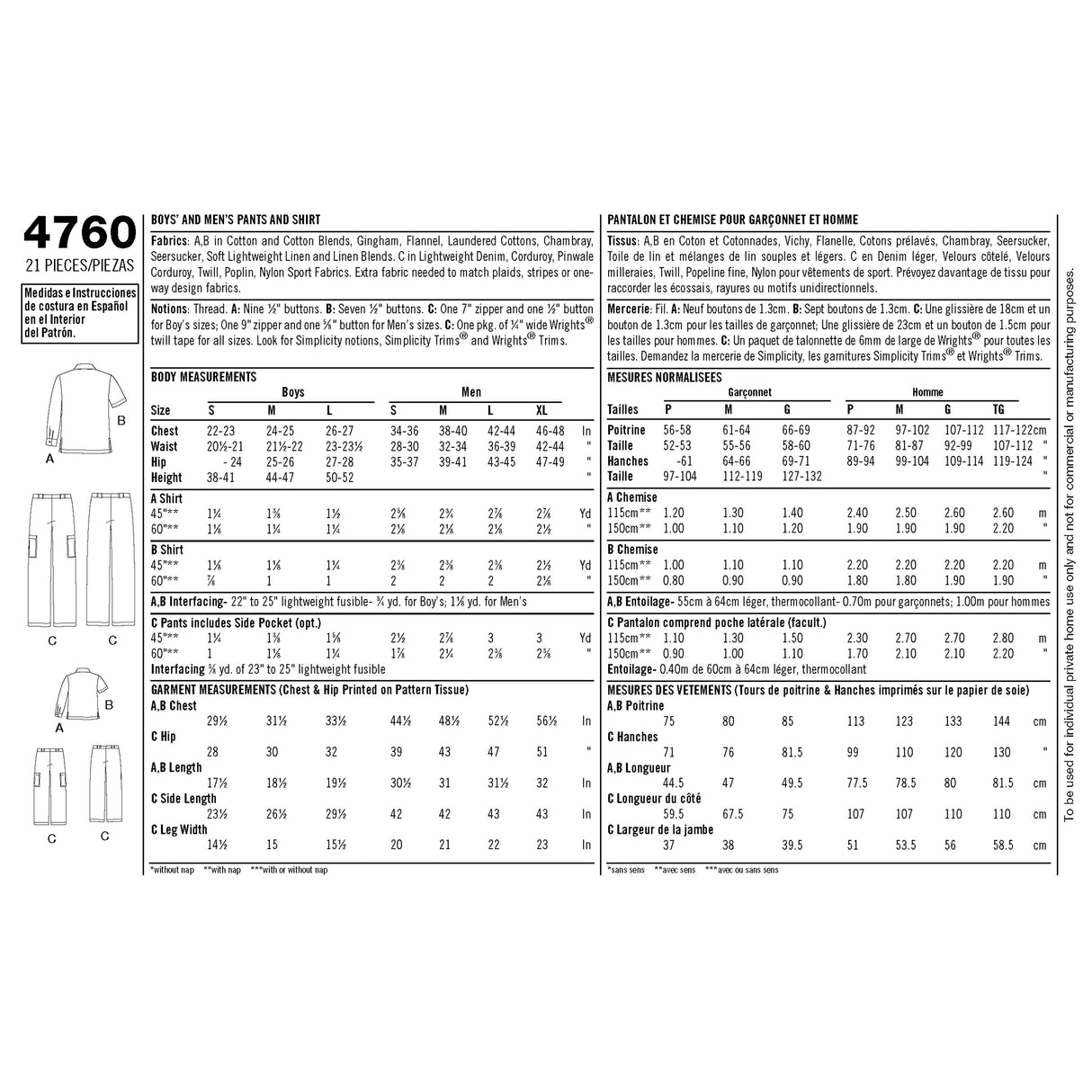 Patron Simplicity n°4760 – Chemise et pantalon pour homme et garçon