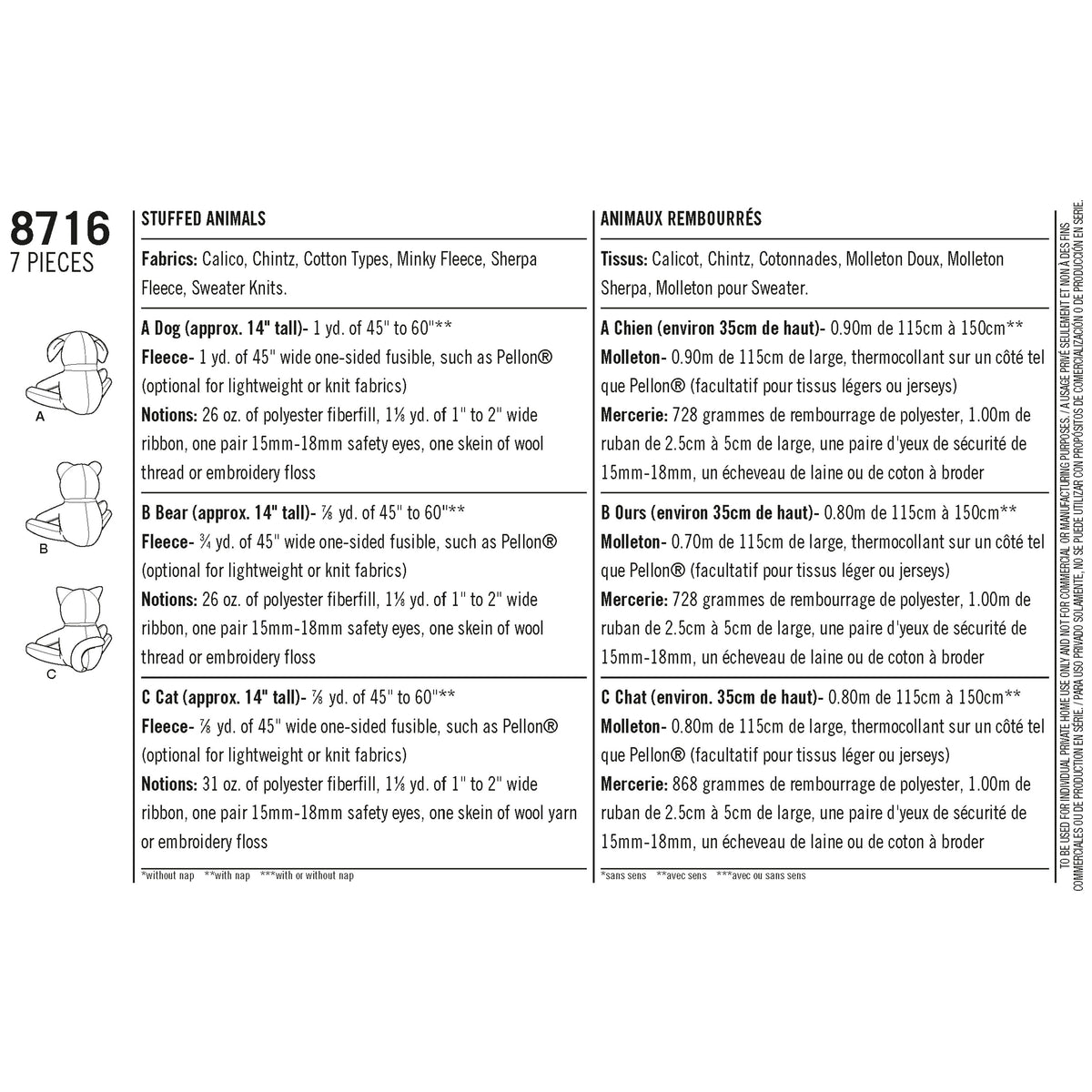 Instructions: describe truthfully what is visible. The image shows a sewing pattern page with sections: "A Dog", "B Bear", "C Cat" etc. Left column illustrations of stuffed animals labeled A, B, C. Right column translations in French. Contains fabric types and notions details. Possibly header "8716