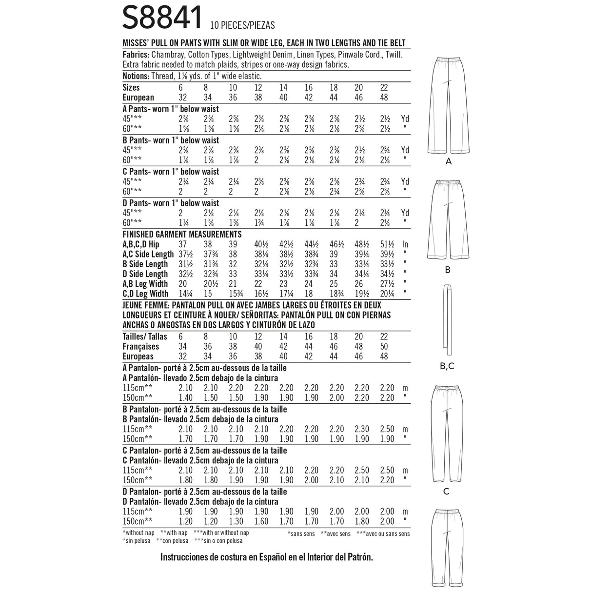 Patron Simplicity n°8841 – Pantalon pull-on large ou droit