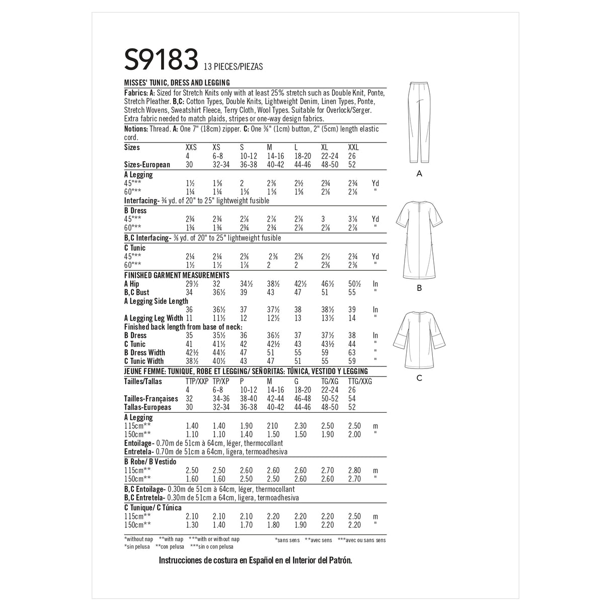 Patron Simplicity n°9183 – Ensemble haut tunique, robe et pantalon pour femme