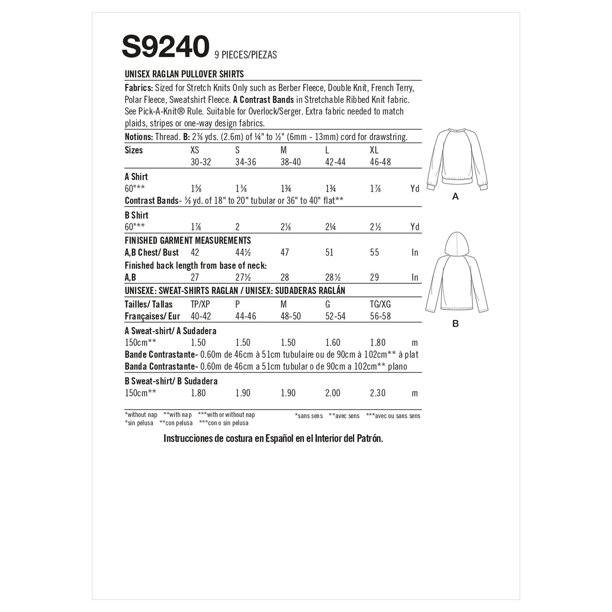 Patron Simplicity n°9240 – Sweat unisexe raglan pull‑on