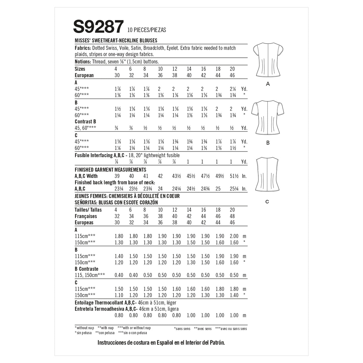 Schéma de patron S9287 pour chemisier/ blouse à encolure en cœur, avec mesures Finished Garment et tailles européennes.
