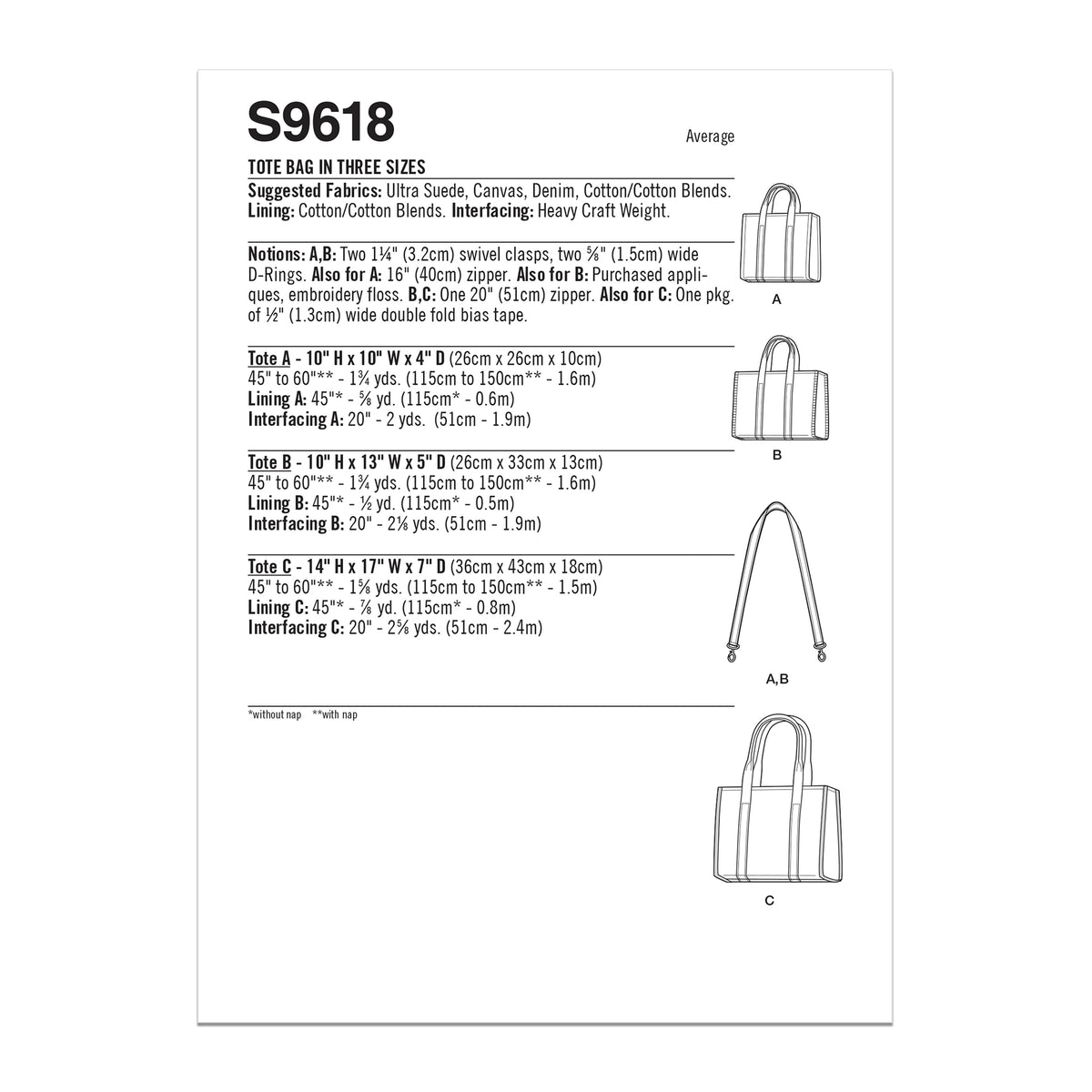 Diagramme détaillant les dimensions et composants d’un tote bag S9618 en trois tailles, avec dessins A, B et C.
