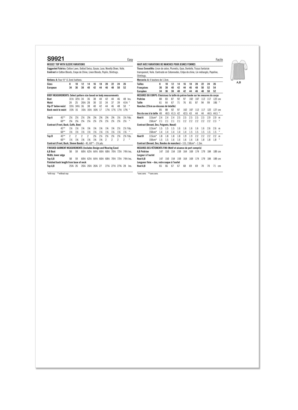 Patron Simplicity n°9921 – Top décontracté à manches ballon
