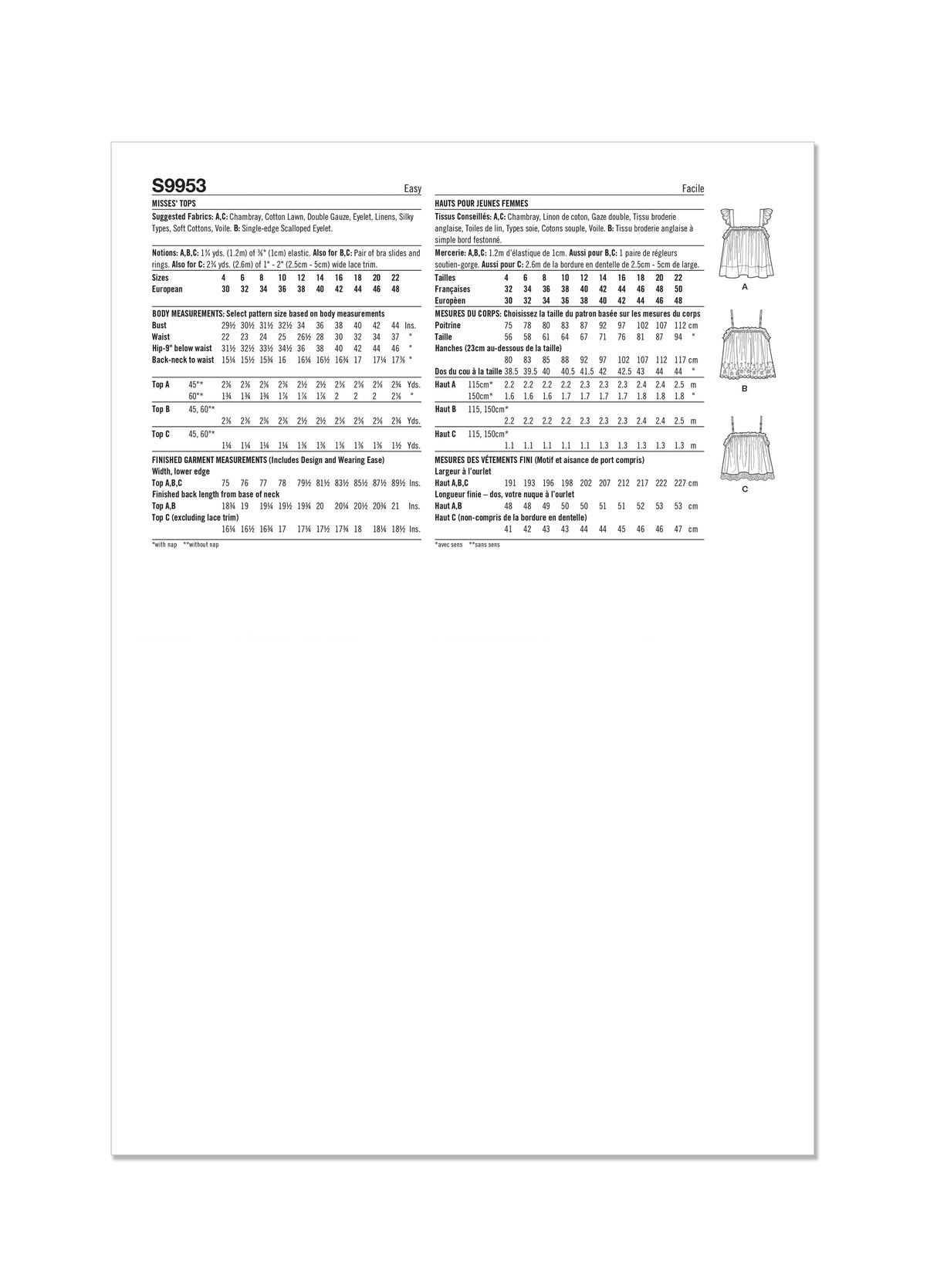 Patron Simplicity n°9953 – Tops à volants et noeuds