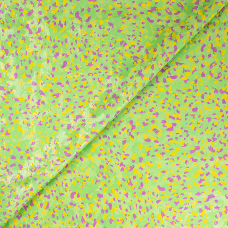 Satin de soie & lurex jacquard imprimé – Confettis multicolores sur vert anis
