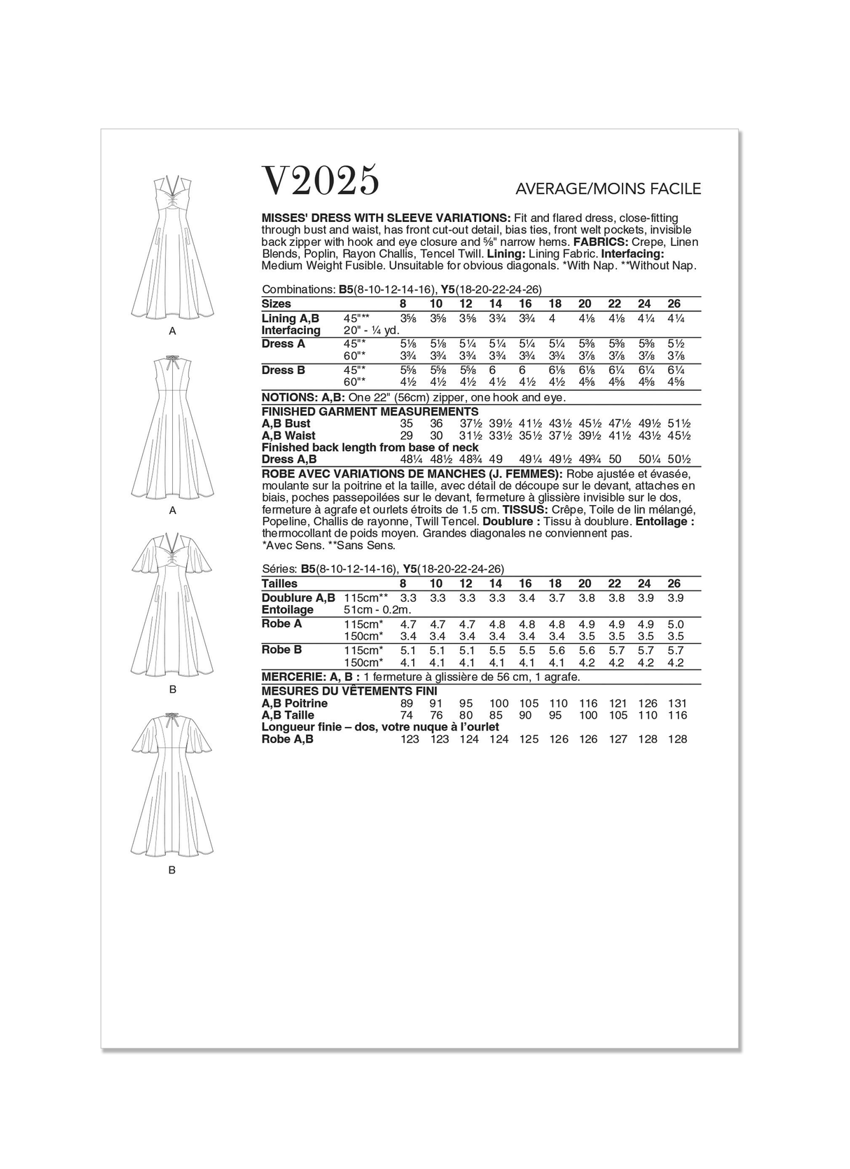 Patron Vogue n°2025 - Robe ajustée et évasée avec découpes et variations de manches