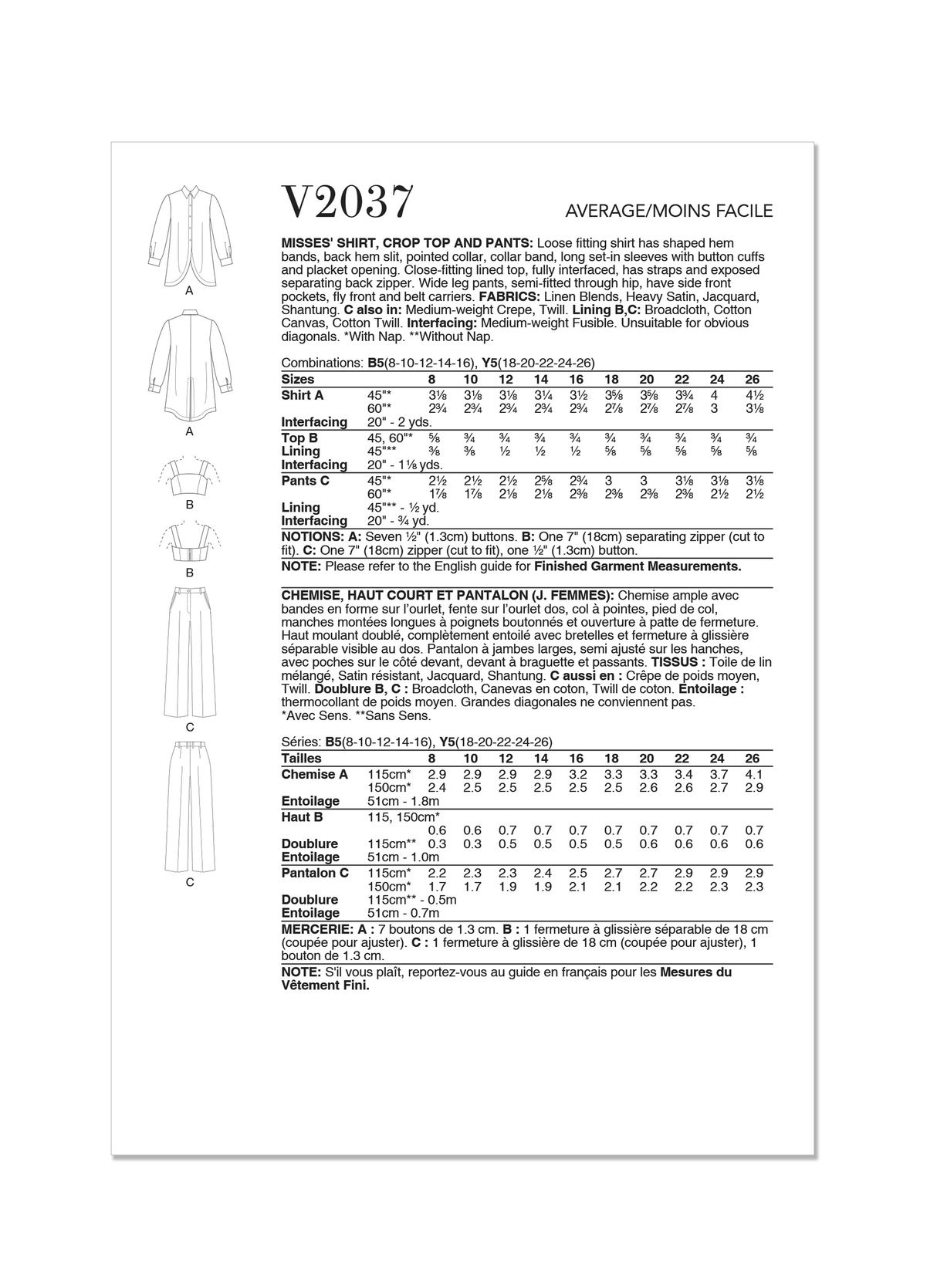 Patron Vogue n°2037 - Chemise, haut court et pantalon