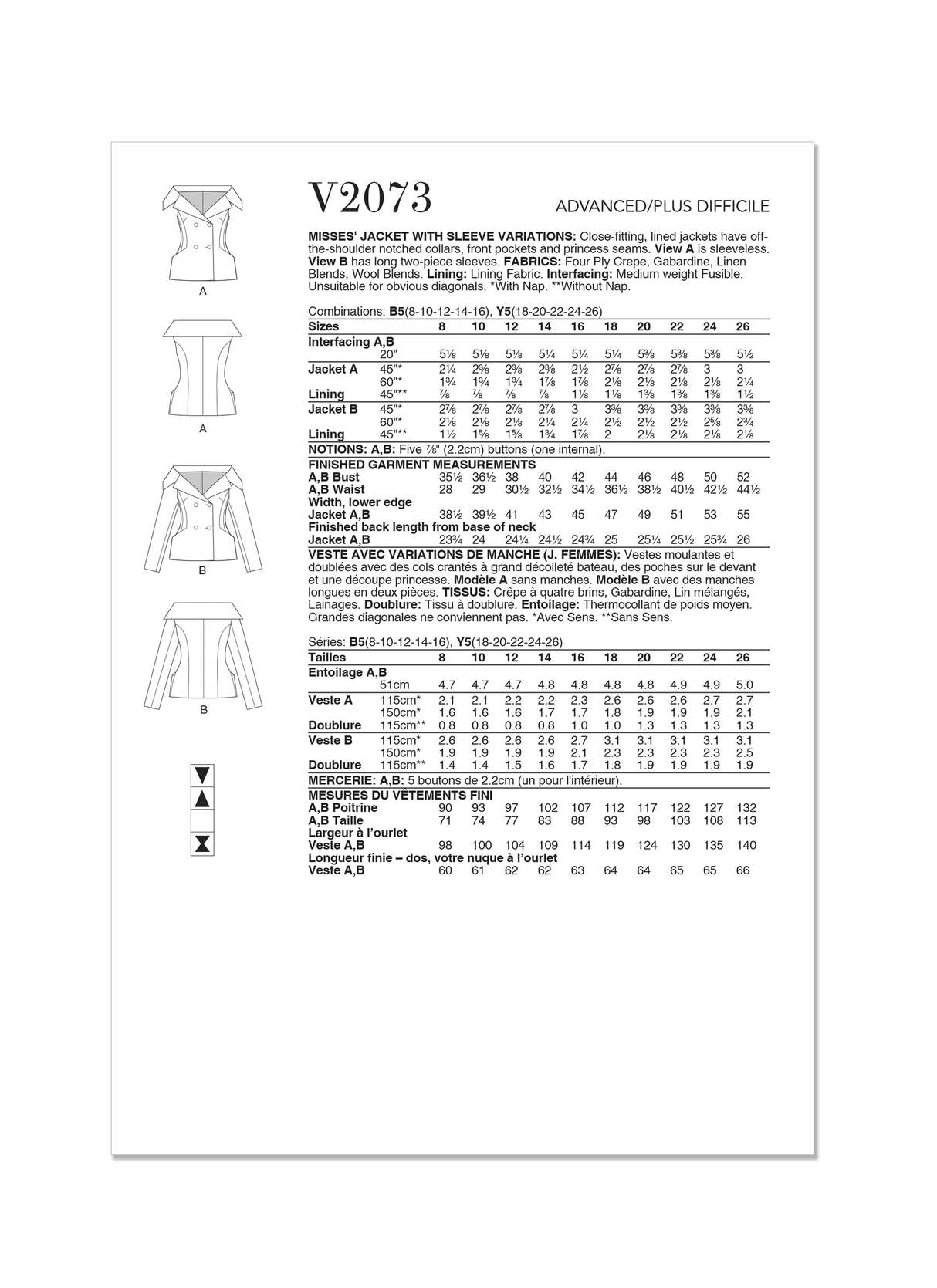 Patron Vogue n°2073 - Veste ajustée avec variations de manches
