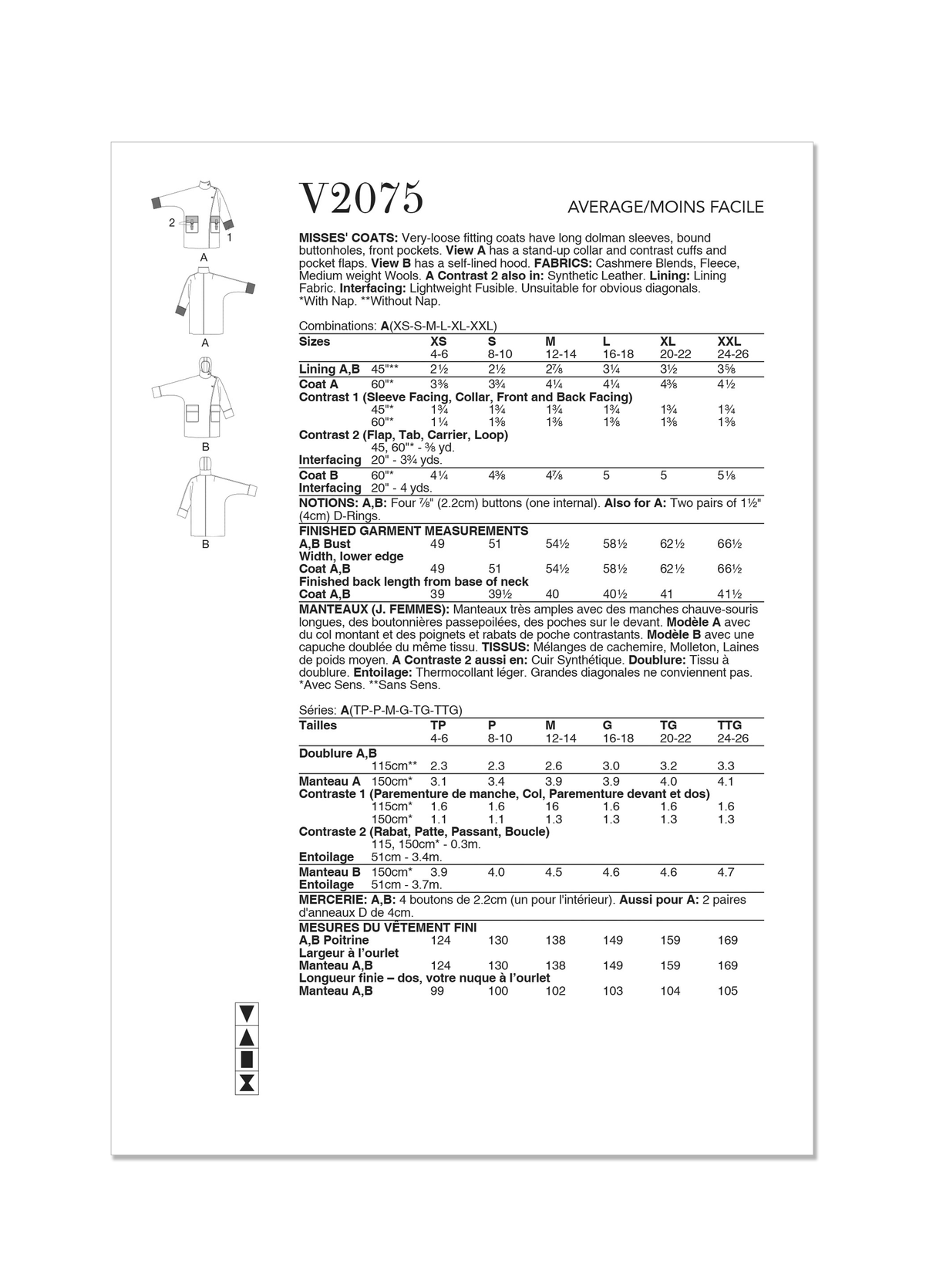 Patron Vogue n°2075 - Manteau ample avec manches dolman et options de col